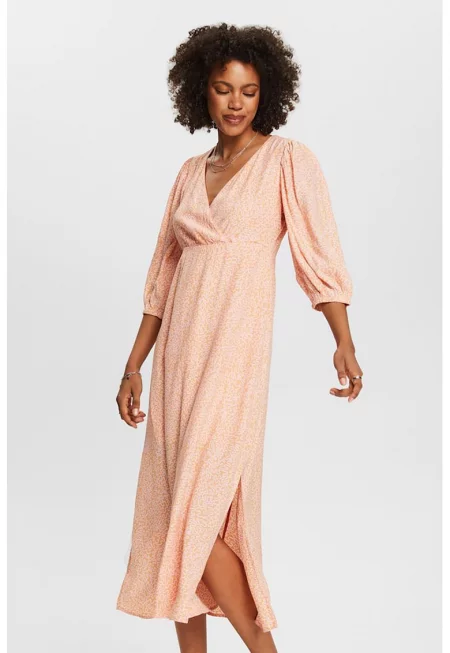 Рокля с принт и цепки встрани - Бледооранжев