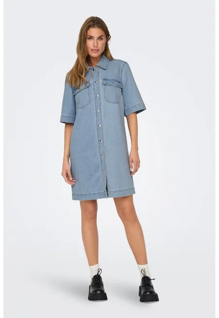 Рокля тип риза от деним - Прашно синьо