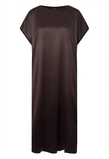 Сатенирана миди рокля с къс ръкав - Кафяв