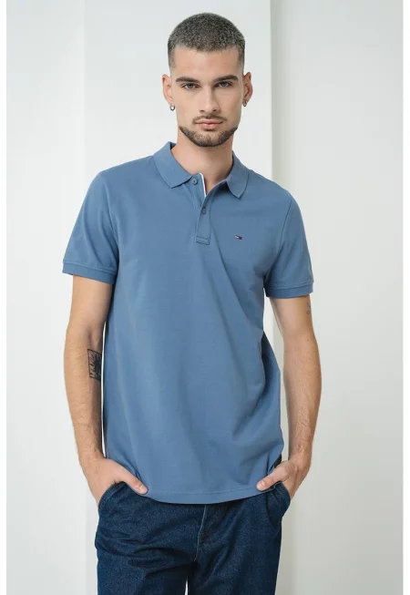 Слим памучна тениска с яка - Прашно синьо