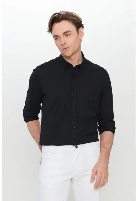Слим риза с памук - Черен