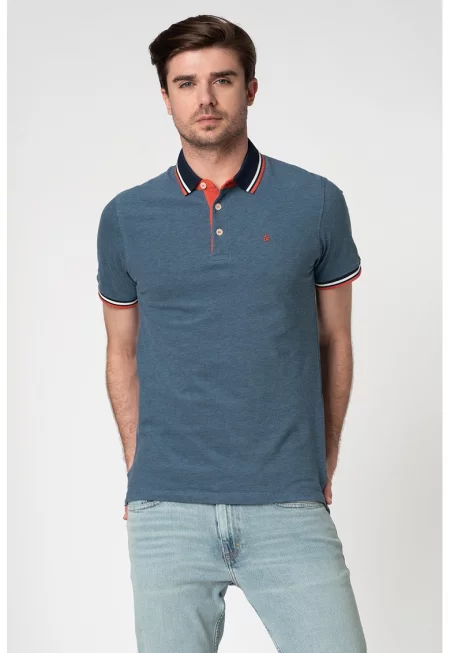 Слим тениска Paulos от органичен памук с яка - Прашно синьо