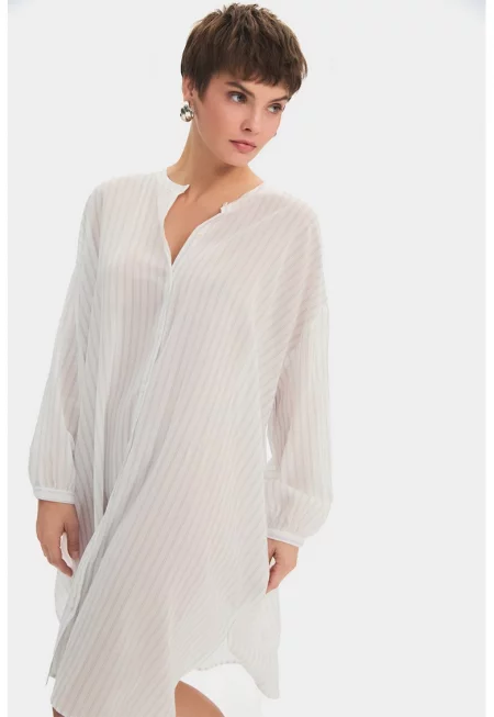 Свободна рокля тип риза на райе - Мръснобял