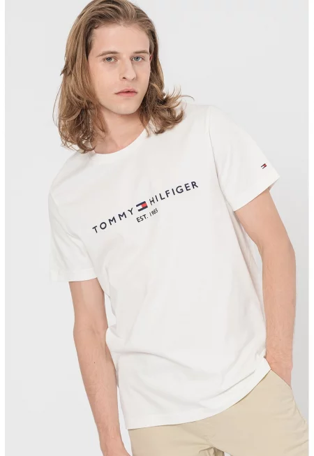 Тениска от органичен памук с лого и надписи - Мръснобял