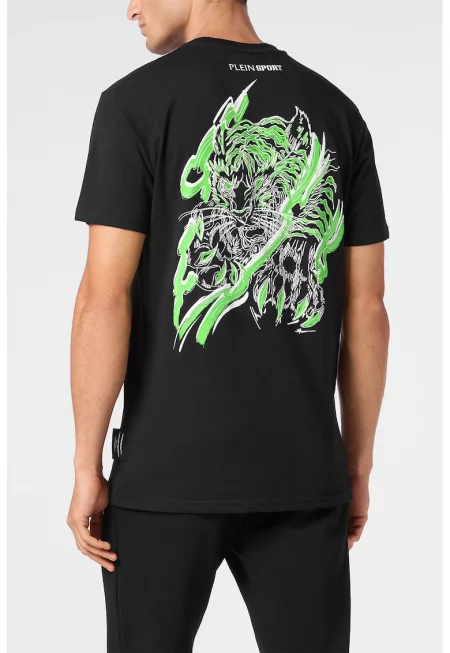 Тениска с овално деколте и принт - Черен/Лайм зелено