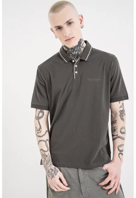 Тениска с яка - Бял/Тъмно каки