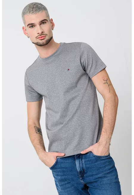 Тениска слим с овално деколте - Сив меланж