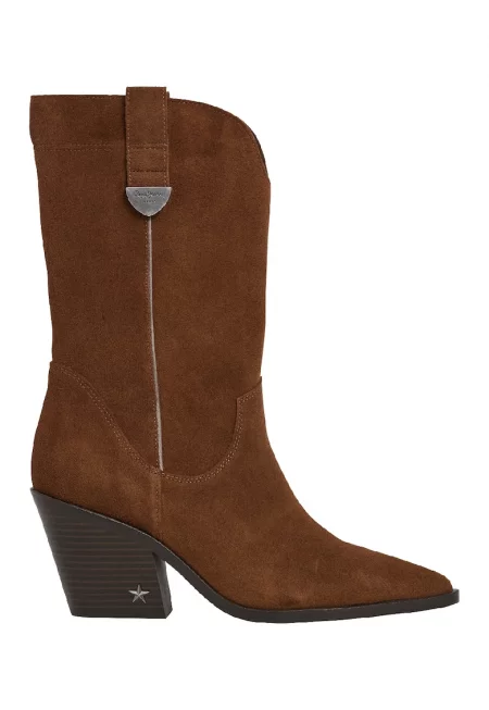 Велурени ботуши с остър връх и кубински ток