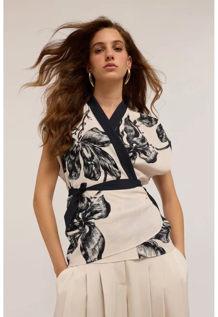 Застъпена блуза с принт - Слонова кост/Черен