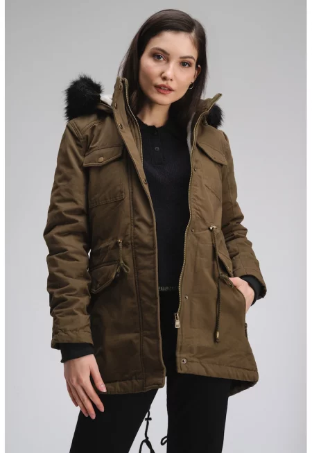Зимно яке Celeste с качулка и джобове - Бледо каки