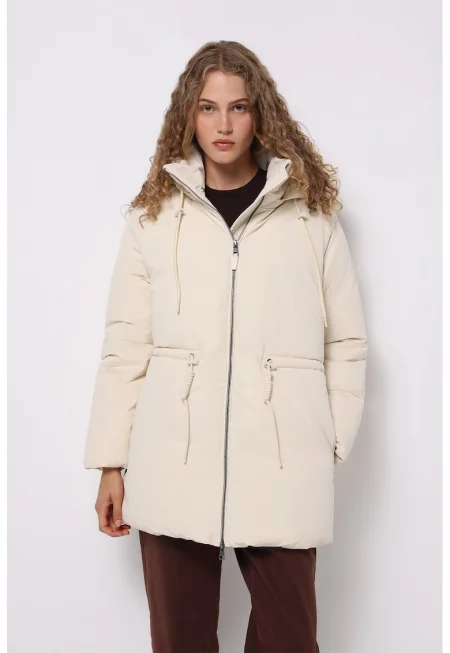 Зимно яке с качулка и колан - Крем