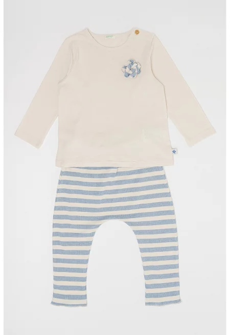 Блуза с овално деколте и панталон - 2 части - Слонова кост/Син