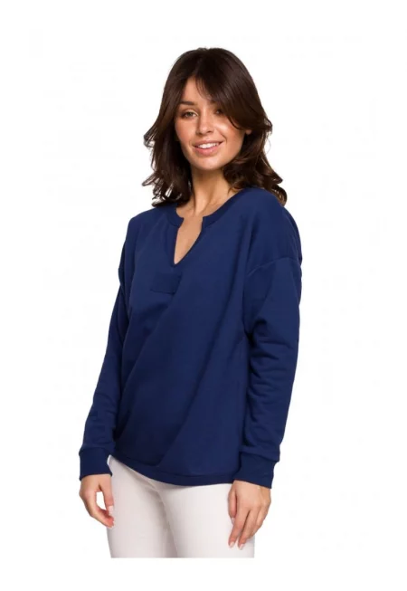 Блуза с V-образно деколте - памук/полиестер - тъмносиньо