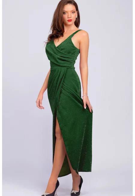Бляскава рокля без ръкави с набирания - Тъмнозелен