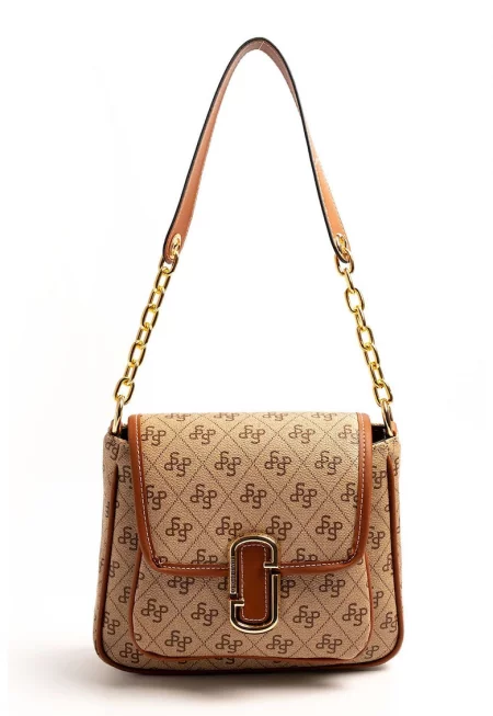 Чанта за рамо от еко кожа с капаче и лого - Бежов