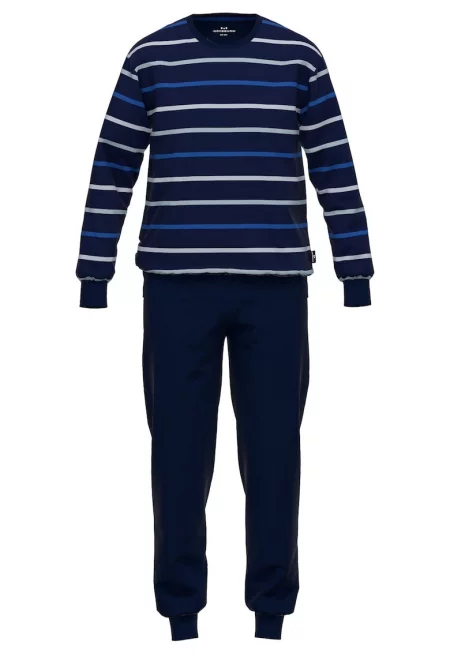 Дълга пижама с райе - Бял/Син