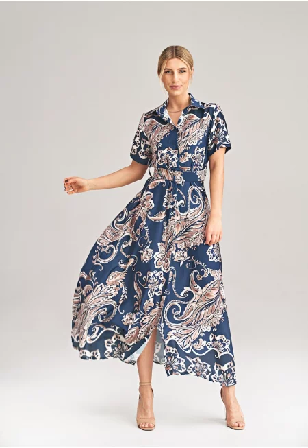 Дълга рокля  полиестер - тъмносиньо - с цветя - Един размер