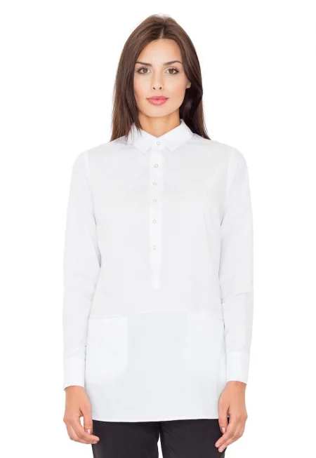 Дамска дълга риза  бяла - памук и полиестер - с джобове - многофункционална