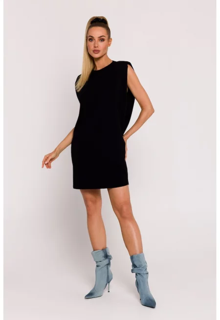 Дамска рокля - мини - с покрити рамене - Полиестер - Черна