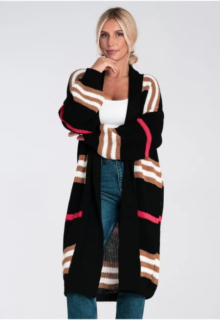 Дамска жилетка -  черна с цветни райета - дълга - акрилна плетка - ежедневна