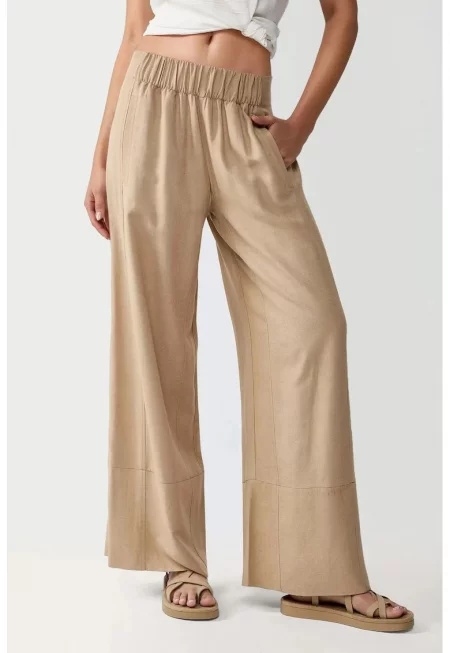 Дамски панталон -  с еластична талия - широка кройка - текстил - бежов