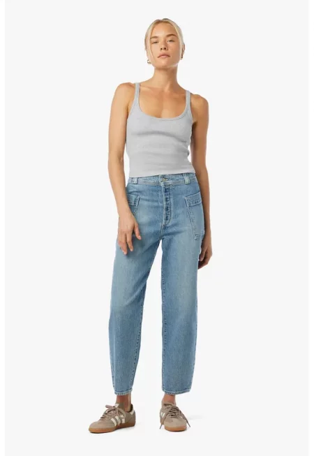 Дънки с висока талия и странични джобове - Син