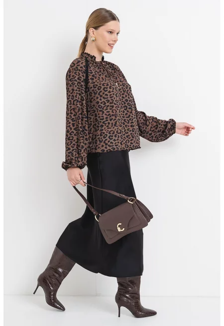 Ефирна блуза с бухнали ръкави - Черен/Кафяв/Каки