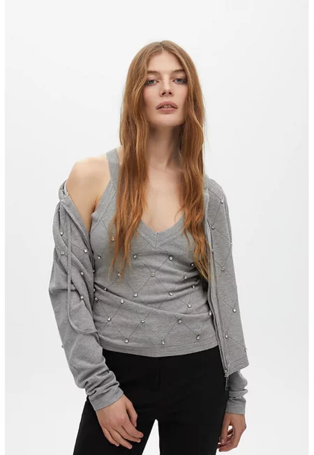 Худи с цип и декоративни камъни - Светло сив