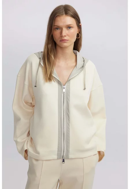 Худи с цип и паднали ръкави - Слонова кост/Светло кафяво