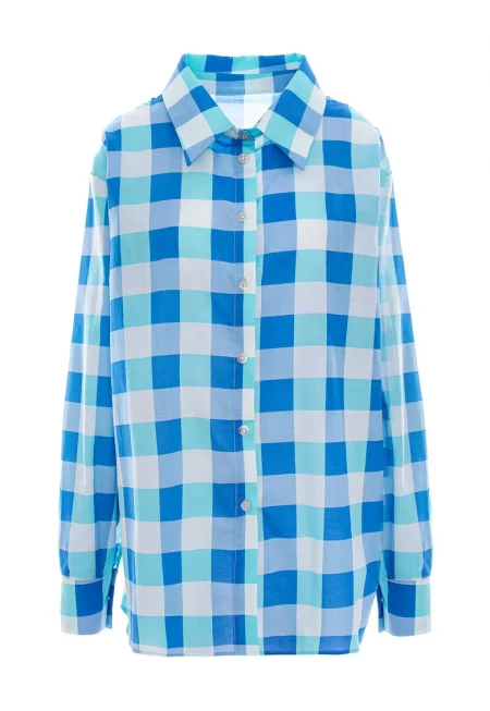 Карирана памучна риза - Бял/Син/Ментово зелено