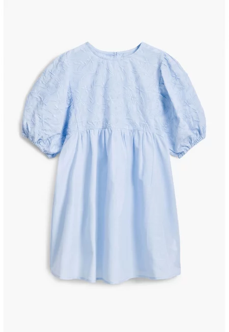 Къса рокля от памук с бухнали ръкави - Пастелносин