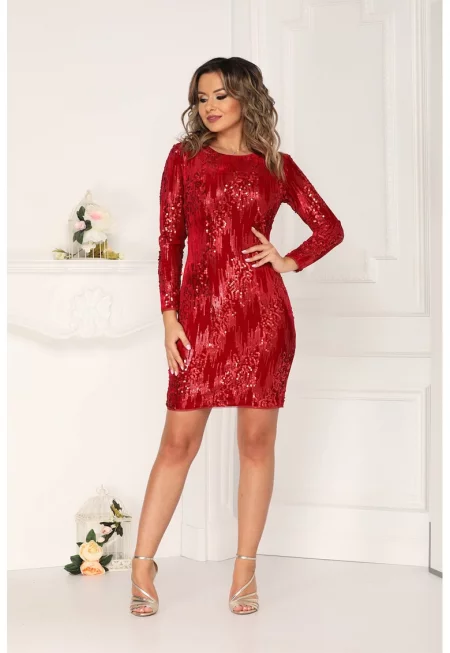 Къса вталена рокля с пайети - Червен