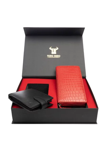 Комплект дамски портфейл и мъжки портфейл естествена кожа червен Gia-Viki