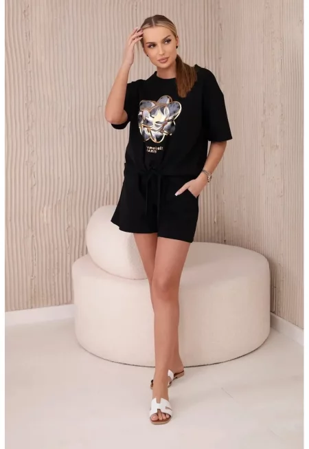 Комплект с принт new punto блузка и къси панталони 29117 - Черен