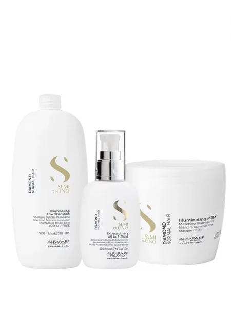 Комплект за блясък  Semi Di Lino Diamond Illuminating with Shampoo - 1000 ml - Маска - 500 ml и Флуид за блясък - 125 ml