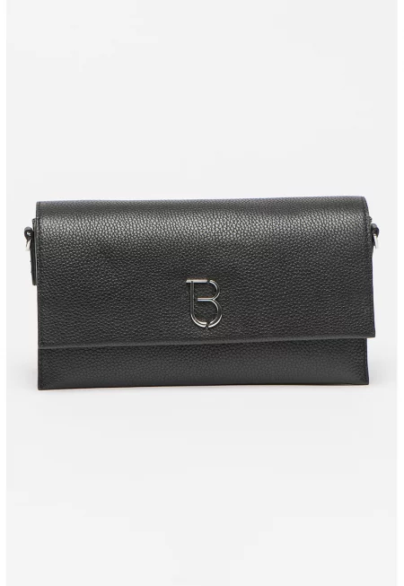 Кожена чанта птез рамо с капаче и метално лого - Черен