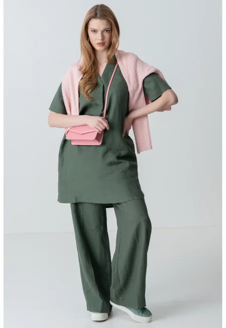 Ленена рокля с шпиц - Бледо каки