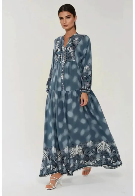 Макси рокля -  дълъг ръкав - щампа - вискоза