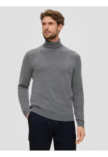 Мъжки пуловер с висока яка - изработен от смес от вълна и други материали - - Tъмносив