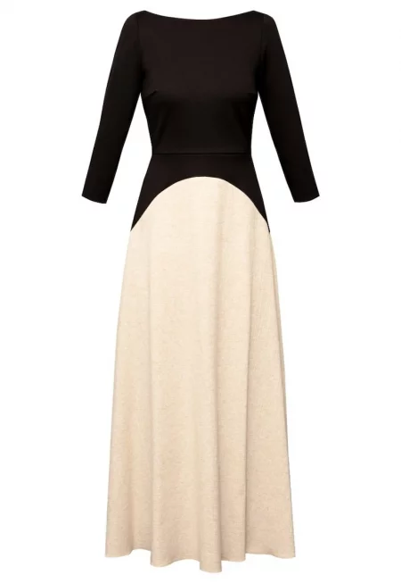 Миди рокля от памук и лен Nerisa - черно и бежово