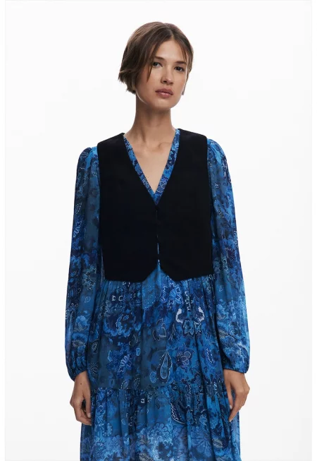 Миди рокля с шпиц и индийска шарка и елек - 2 части