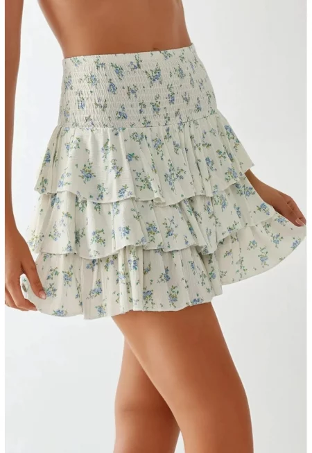 Мини пола -  флорален принт - еластична талия - многоцветна - бяла със сини цветя