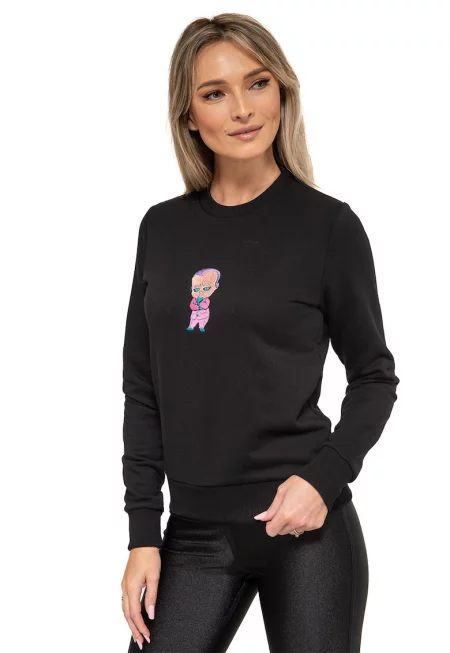 Памучен суитшърт с овално деколте - Черен/Лилав