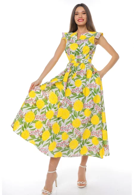 Памучна миди рокля с връзка - Зелен/Бял