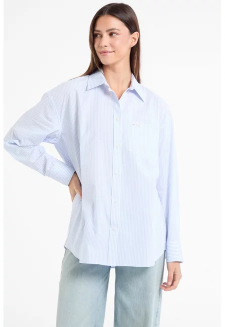 Памучна риза на райе - Светлосин