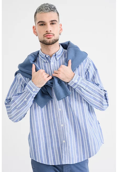 Памучна риза със свободна кройка и копчета на яката - Бял/Светлосин