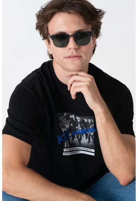 Памучна тениска с фотопринт - Черен/Тъмносин/Мръснобял