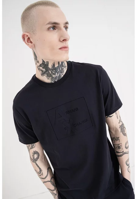 Памучна тениска с овално деколте - Тъмносин