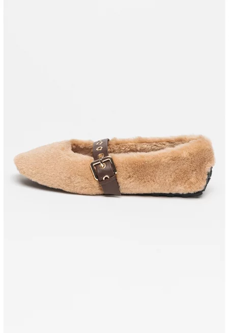 Пантофки Mary Jane с еко пух - Карамел