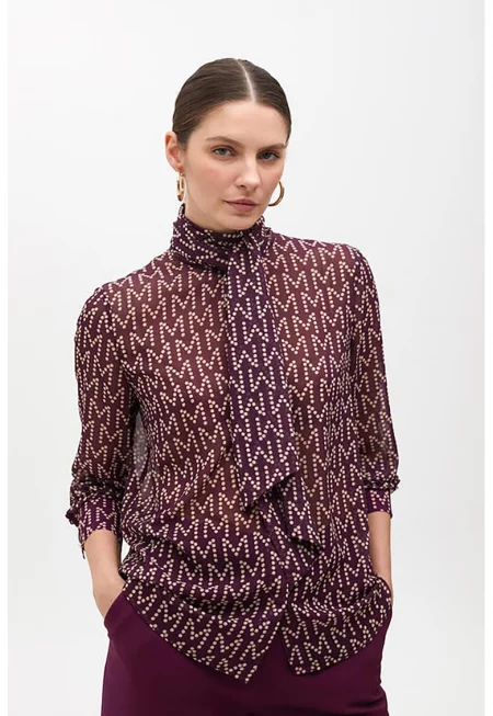 Прозрачна риза с дълги ръкави - Слонова кост/Тъмновиолетов